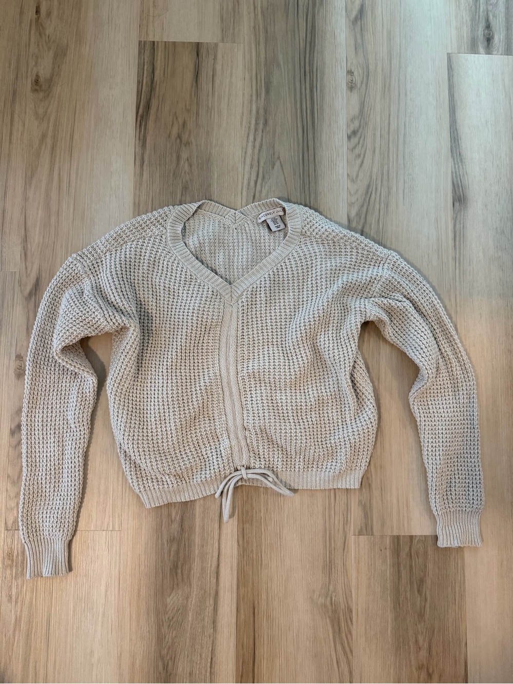 Light Beige V-Neck Waffle Knit Tie-Hem Sweater